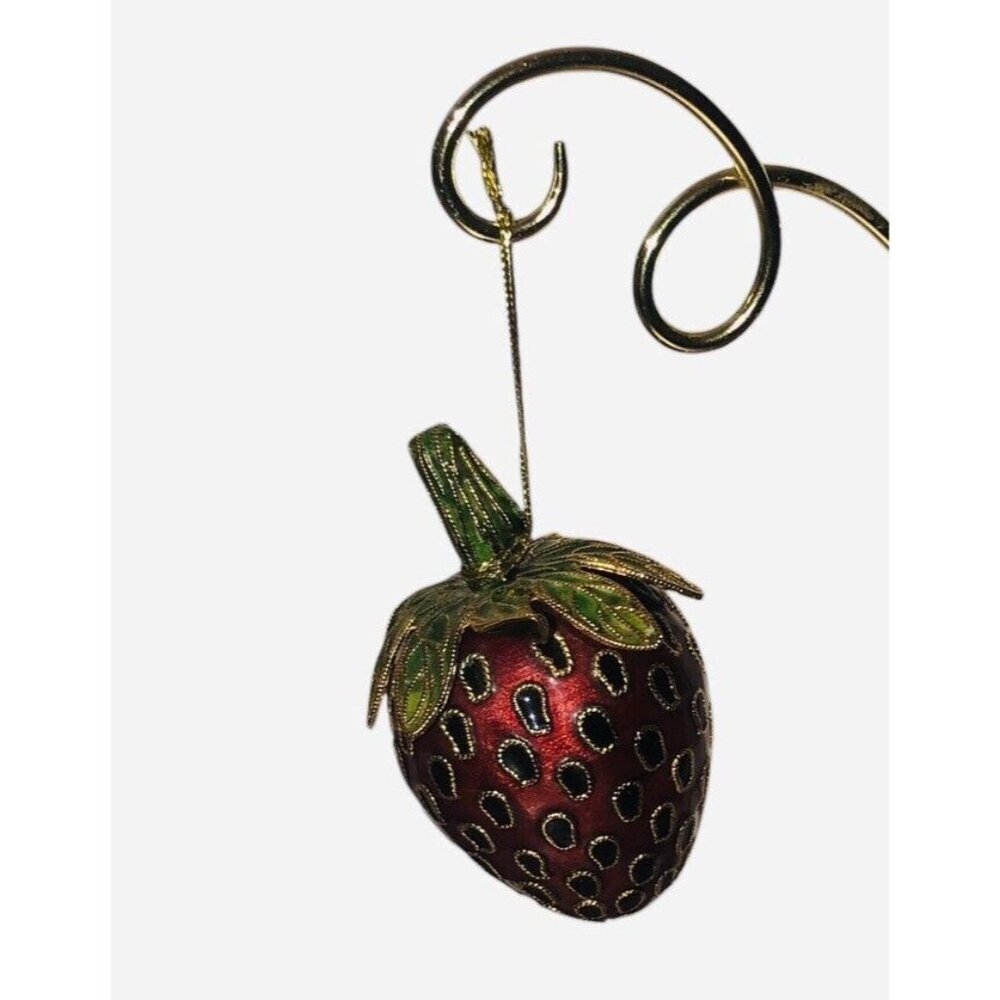 CLOISONNE` Enamel Gold Tone Metal Strawberry Hanging Christmas/Xmas Ornament